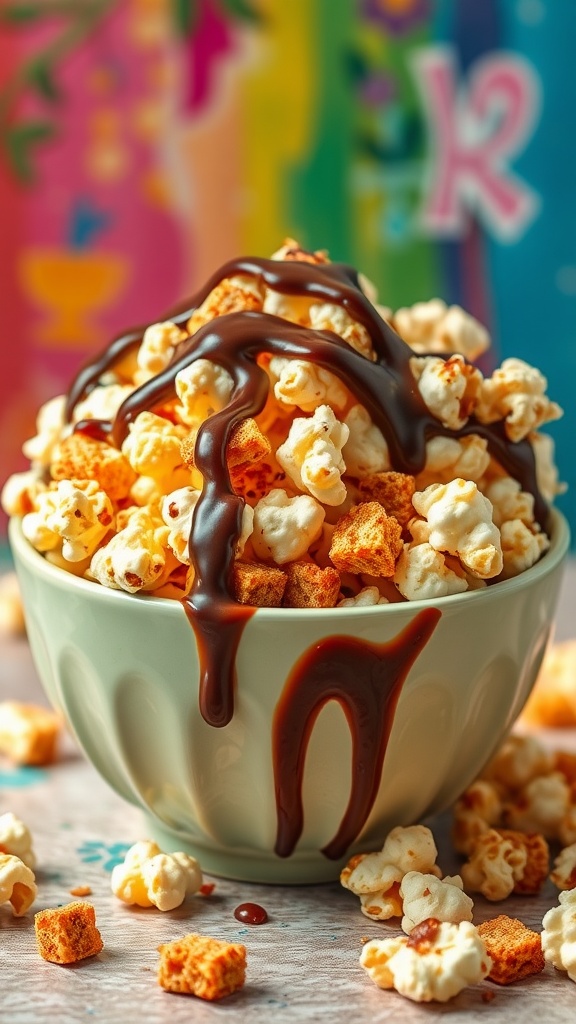 A bowl of chocolate kataifi popcorn drizzled with Dubai chocolate, showcasing a mix of fluffy popcorn and crunchy kataifi.